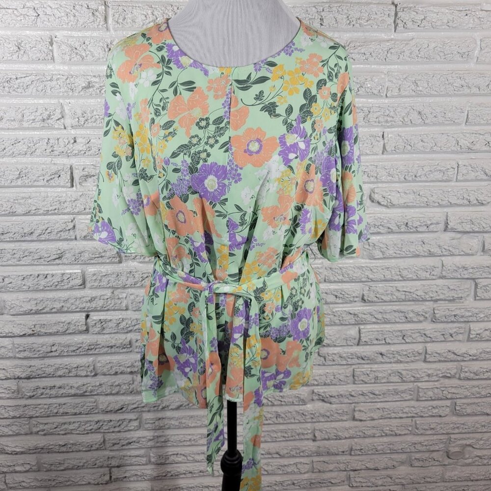Liz Claiborne Womens Top XL Flared Sleeve Green Pink Floral Back FLO79E